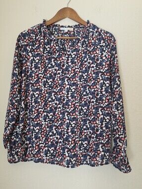 C&C California Top Womens Small Pink White Blue Abstract Ruffle Neck Cottagecore